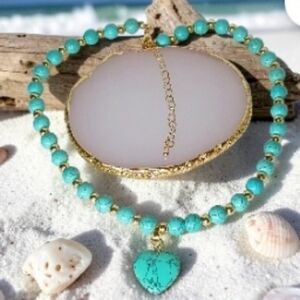 Gold Turqouise Beaded Heart Charm Necklace Earth Art Southwestern Cowboycore